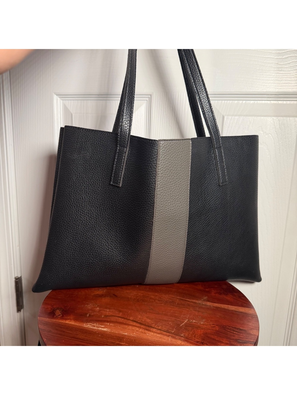 Large Black Gray Pebbled Tote Bag Colorblock Shoulder Purse Minimalist Work Bag